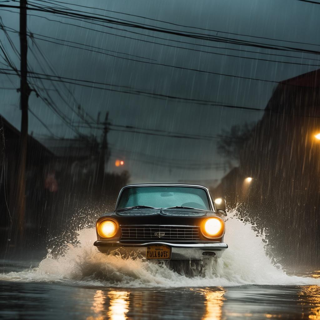 A car battles through a flooded street, symbolizing the nightmare scenario of driving through a flood.