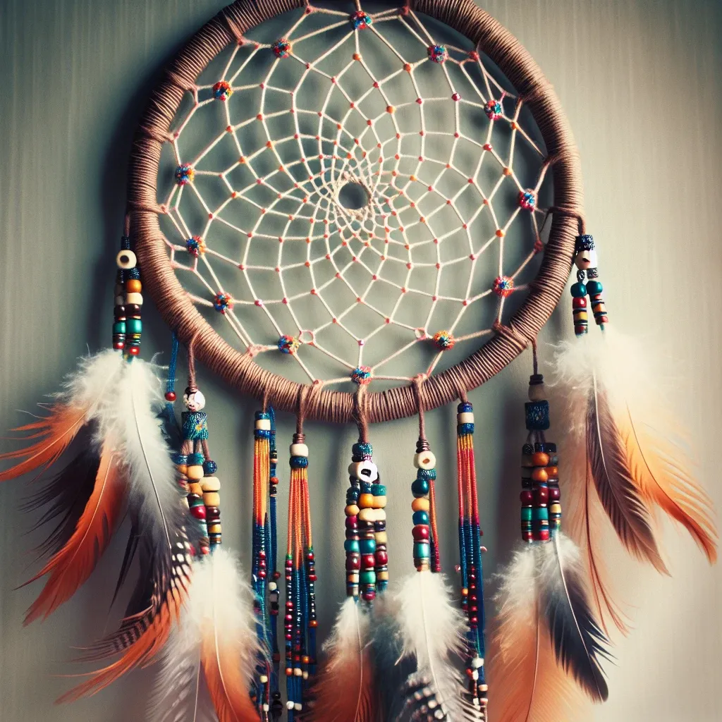 Intricate and delicate dream catcher hanging with feathers and beads