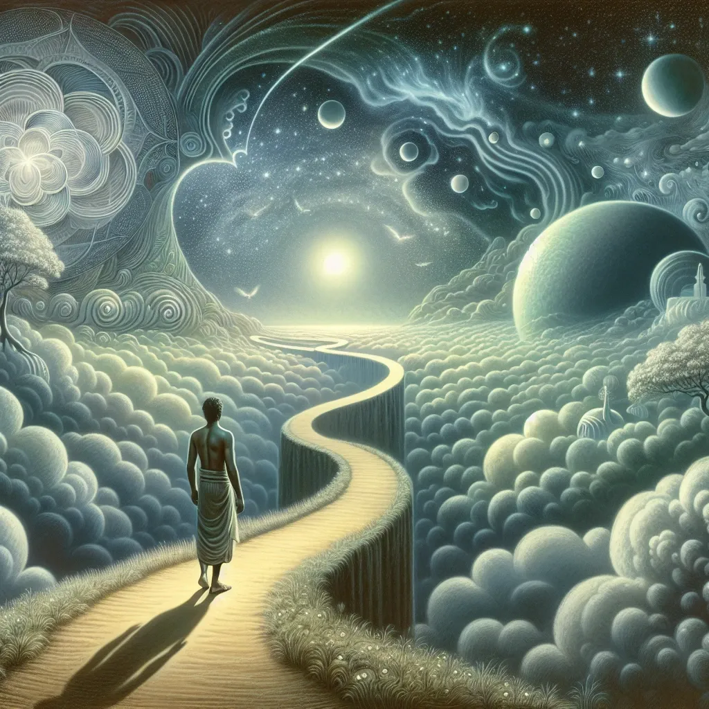 Illustration of a person moving through a dream-like landscape