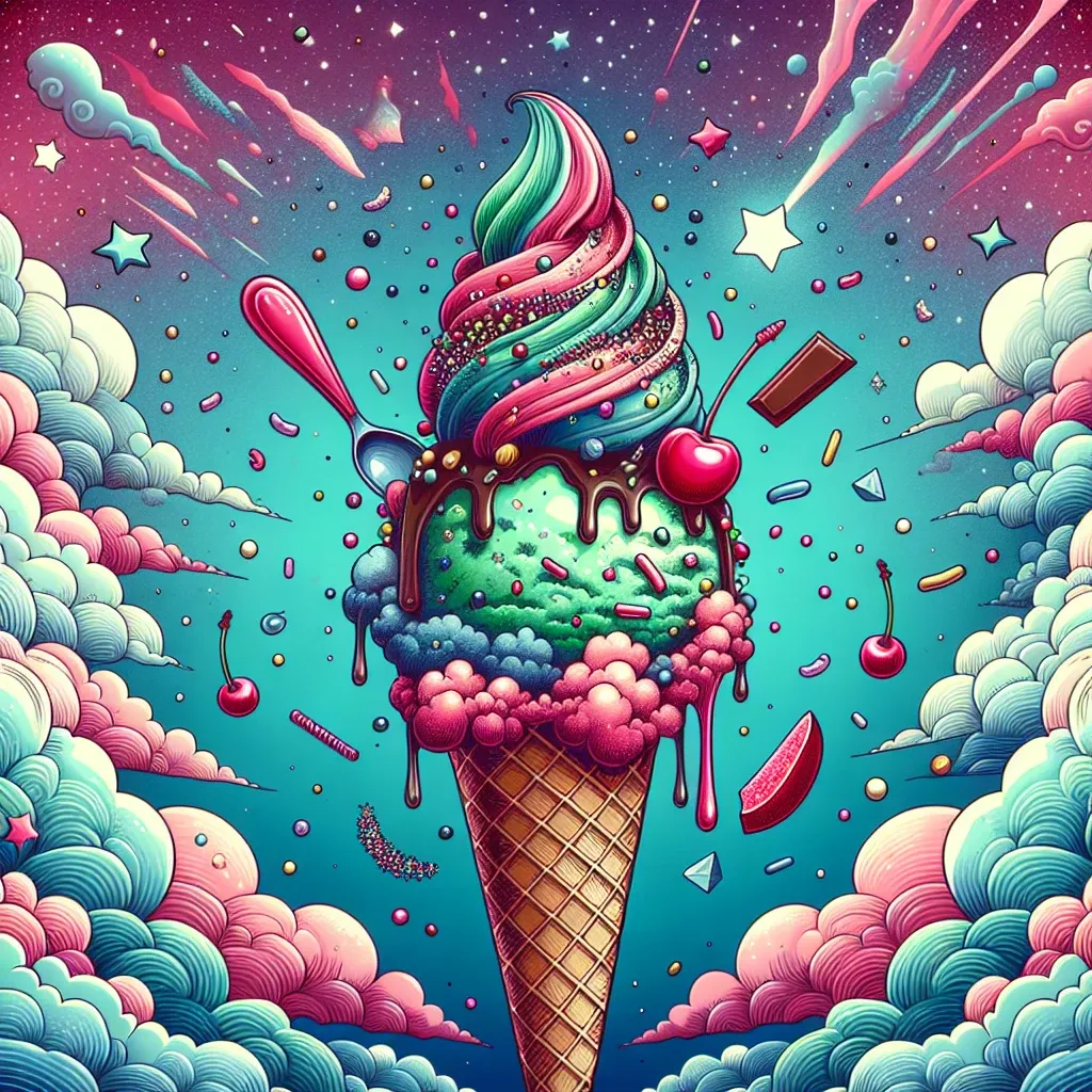 Illustration of a dreamy ice cream cone in a whimsical setting.