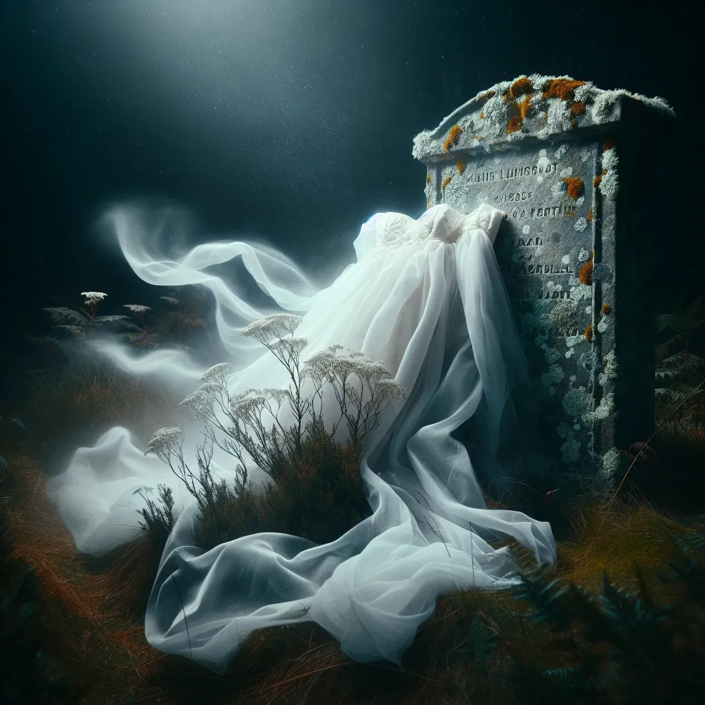 Illustration of a wedding dress on a tombstone, representing the symbolic connection between weddings and death in dreams.
