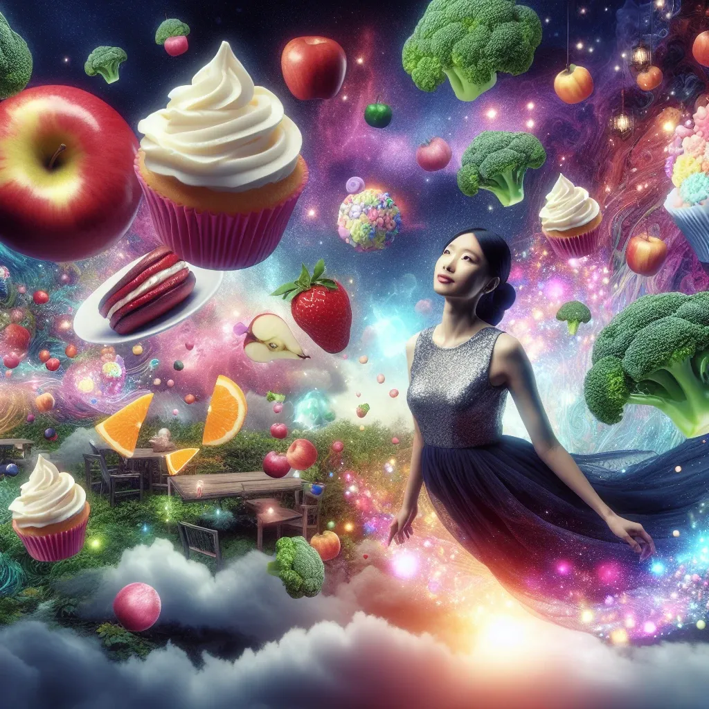 Illustration of a dream scene with floating food items