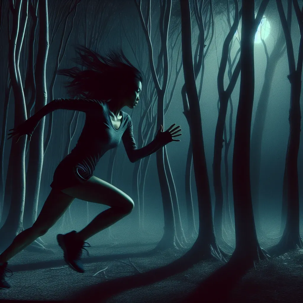 Illustration of a person escaping through a dark forest in a dream of being kidnapped.