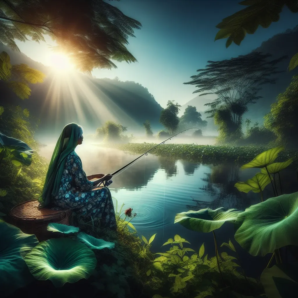 Illustration of a person fishing by a serene lake