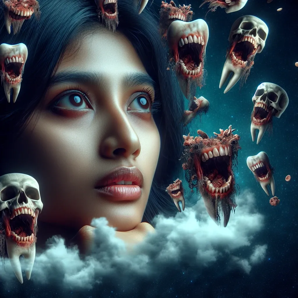 Illustration of a person surrounded by floating rotten teeth in a dream