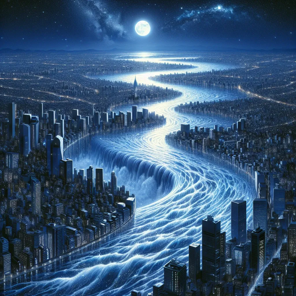 Illustration of a dream-like flood in a cityscape