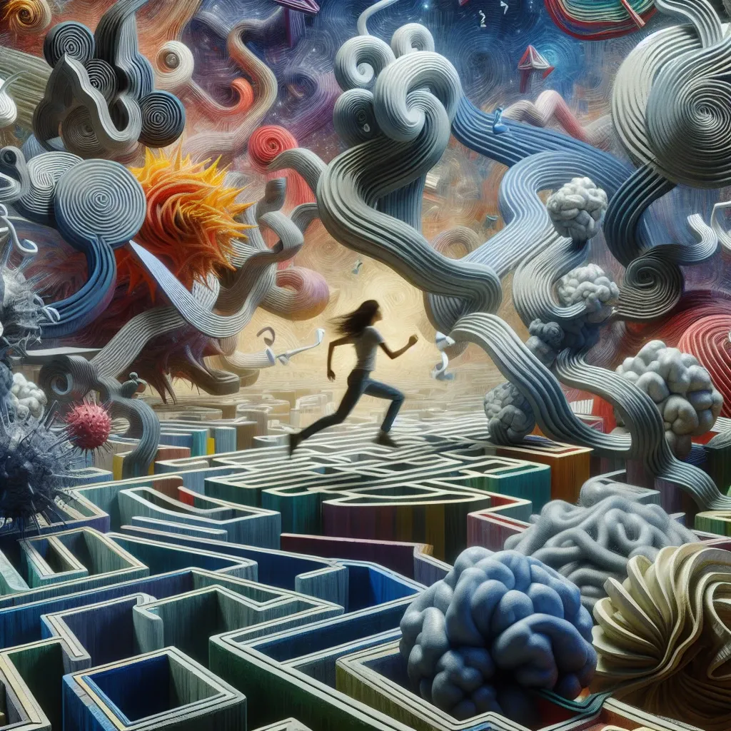 Illustration of a person running through a maze of tangled thoughts and emotions in a dream.