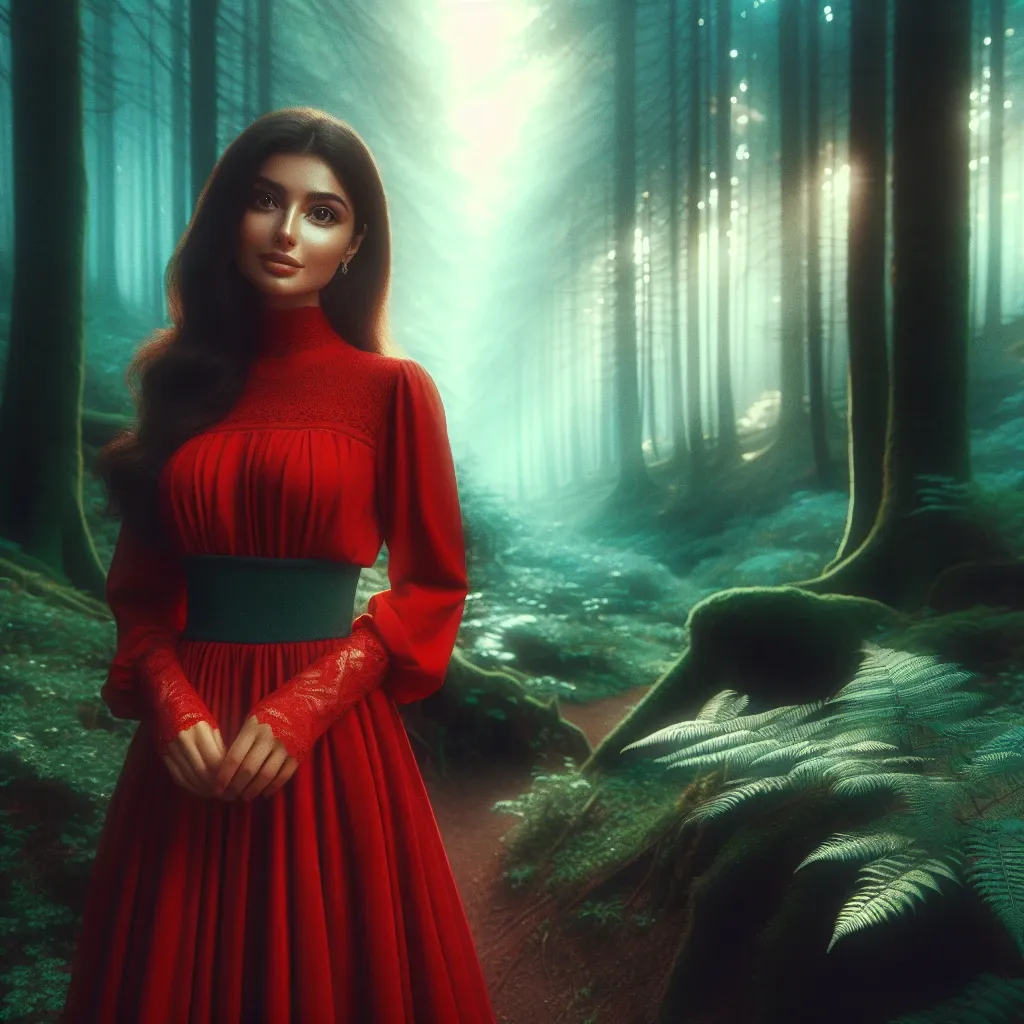 Woman in red dress standing in a dreamy forest