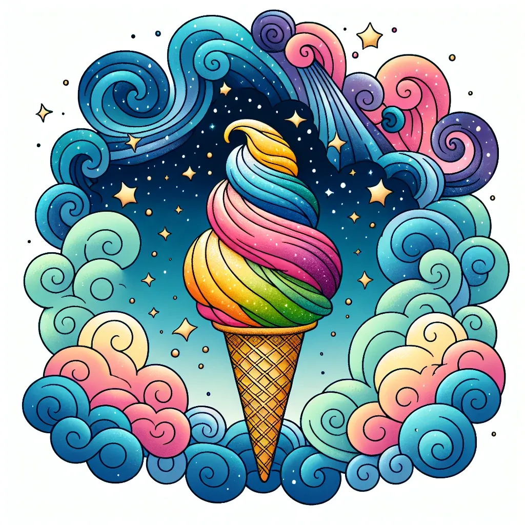 Illustration of ice cream cone in a dreamy setting