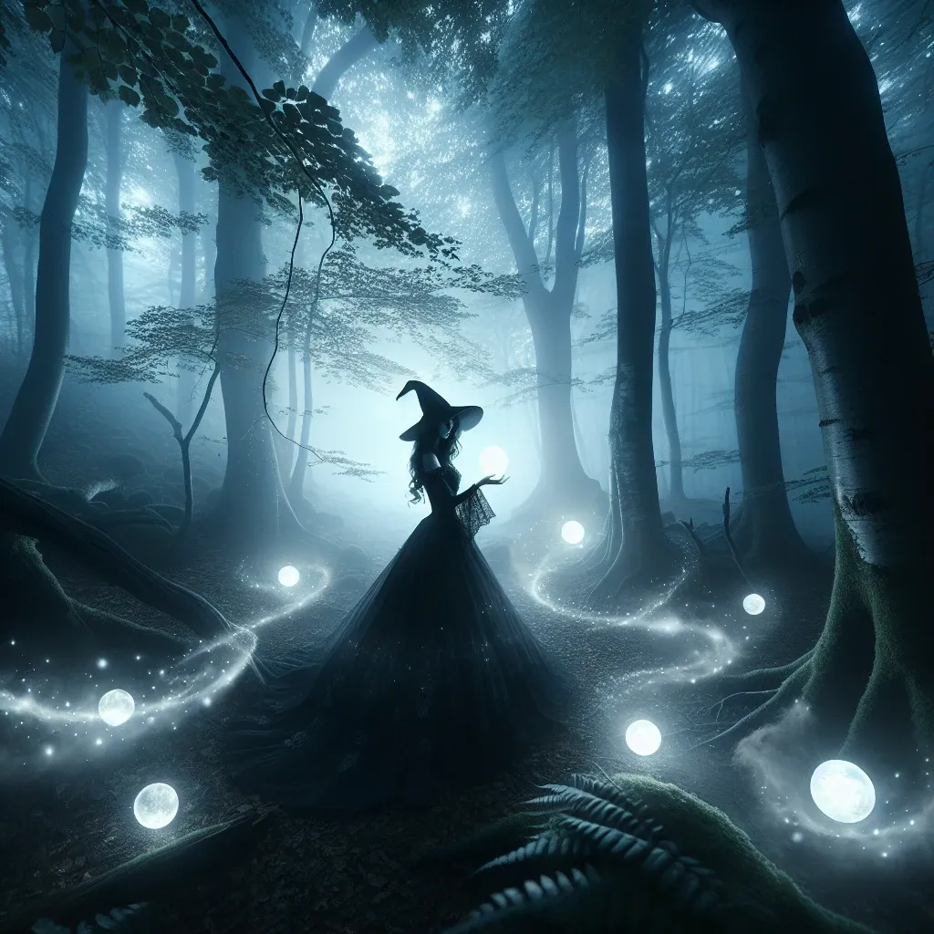 Illustration of a witch in a moonlit forest