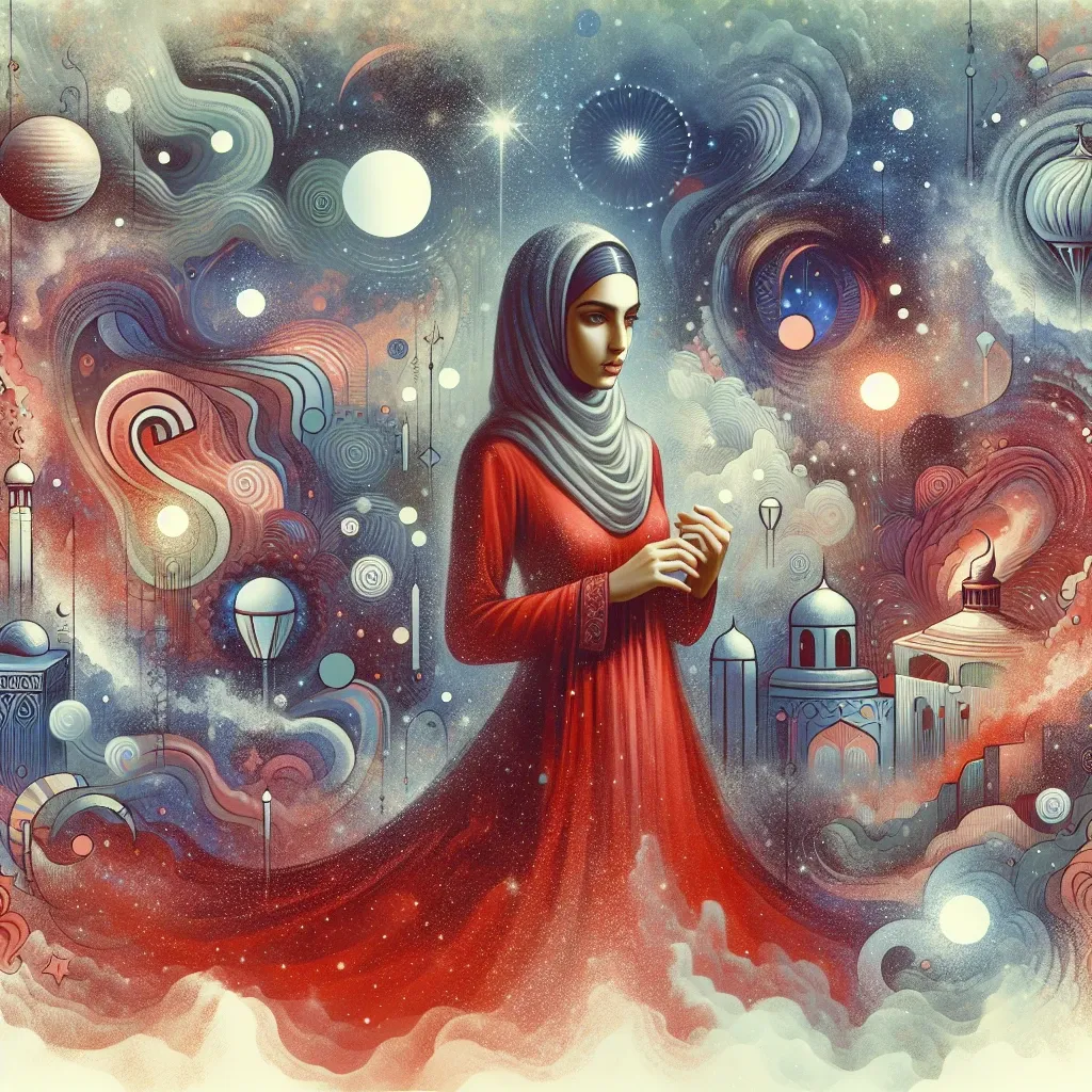The enigmatic image of a woman in a red dress in the realm of dreams.