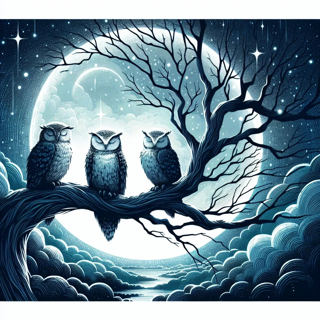 Three owls perched on a tree branch in the moonlight
